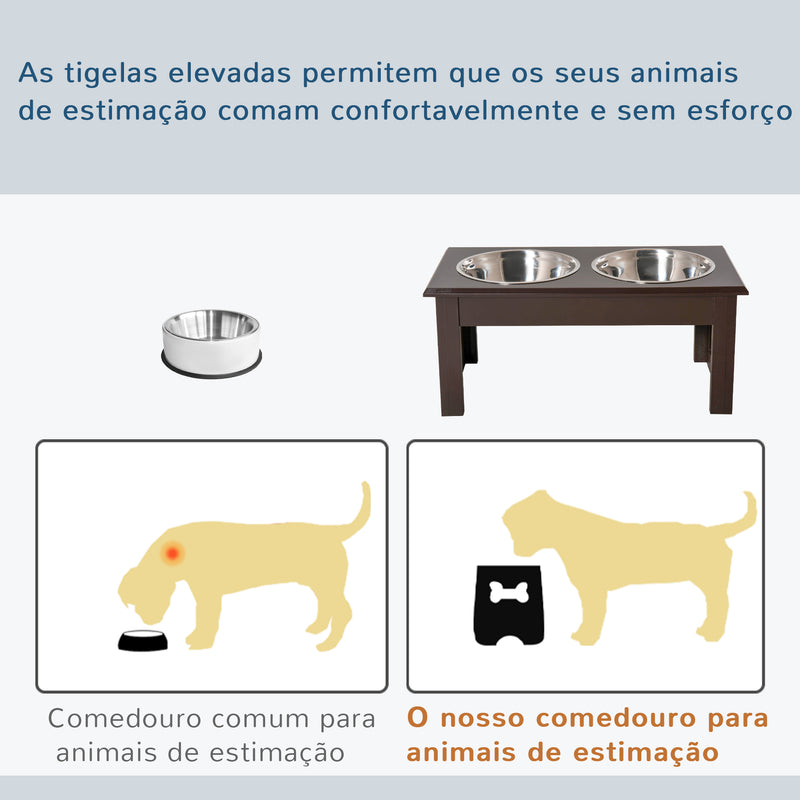 Comedouro Elevado para Cães com Suporte e 2 Tigelas Amovíveis de Aço Inoxidável Alimentador para Animais de Estimação 44x24x15 cm Marrom