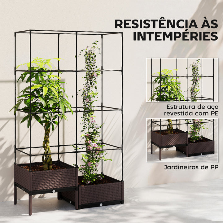 Floreira com Grade Metálica Floreira Exterior Grande para Plantas Trepadeiras 2 Caixas de PP com Orifícios de Drenagem Tampões Vaso Elevado para Jardim ou Pátio 100x50x174 cm Preto