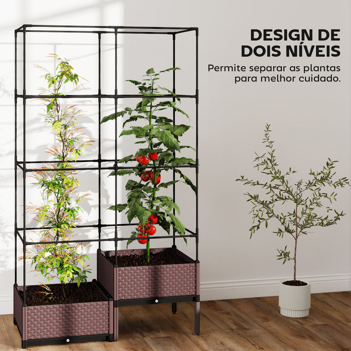 Floreira com Grade Metálica Floreira Exterior Grande para Plantas Trepadeiras 2 Caixas de PP com Orifícios de Drenagem Tampões Vaso Elevado para Jardim ou Pátio 100x50x174 cm Preto