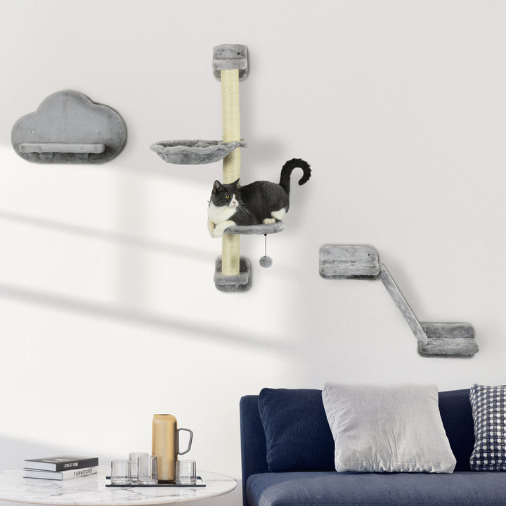 Conjunto de Prateleiras de Escalada para Gatos de 3 Peças Prateleiras de Parede para Gatos com Rede Rampa Arranhador Plataforma em Forma de Nuvem para Saltar Cinzento