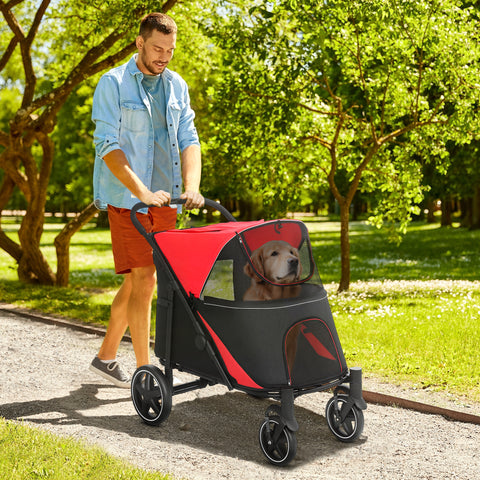 Carrinho para Cães Dobrável Carrinho para Animais de Estimação com Janelas de Malha Cinto de Segurança e Bolsos de Armazenamento Carga Máxima 40 kg 112x65x100 cm Vermelho