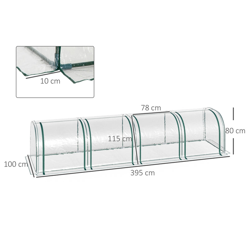 Estufa 395x100x80 cm para Jardim Varanda Estufa Pequena para Cultivo de Plantas com 4 Janelas Estrutura de Aço e PVC Transparente e Verde