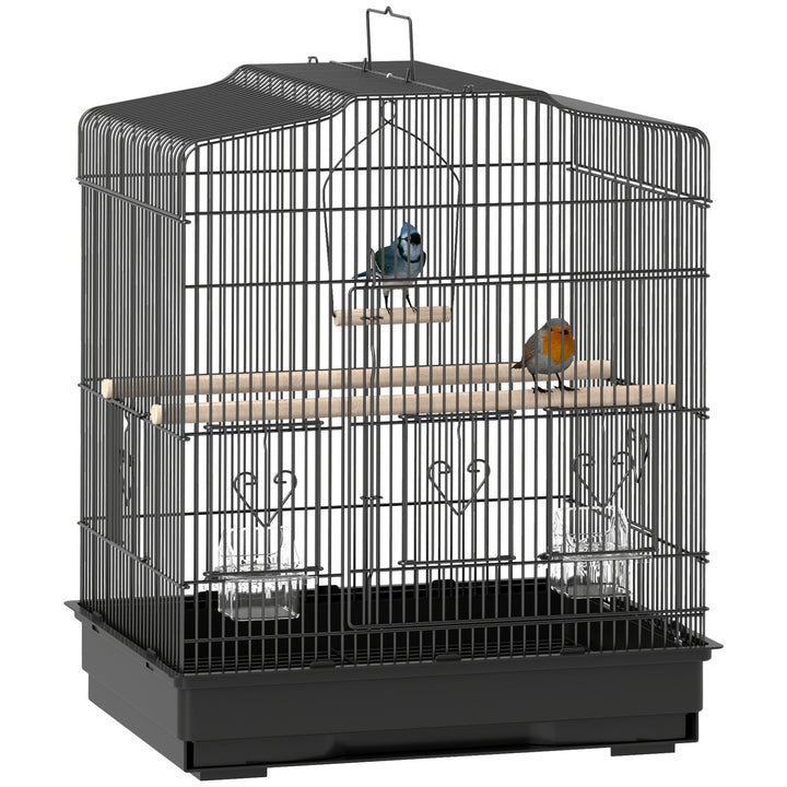 Gaiola para Pássaros 46,5x36x59 cm Gaiola de Metal para Pássaros com Portas 2 Comedouros 2 Poleiros Baloiço Bandeja Amovível e Pega de Transporte para Canário Periquito Preto