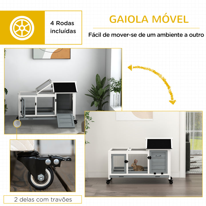 Coelheira de Madeira com Rodas 108x58x73,5cm Gaiola para 1-2 Coelhos com Teto Abatível Cerca Metálica Bandeja Amovível Portas com Trava e Rampa Marrom Cinza e Branco