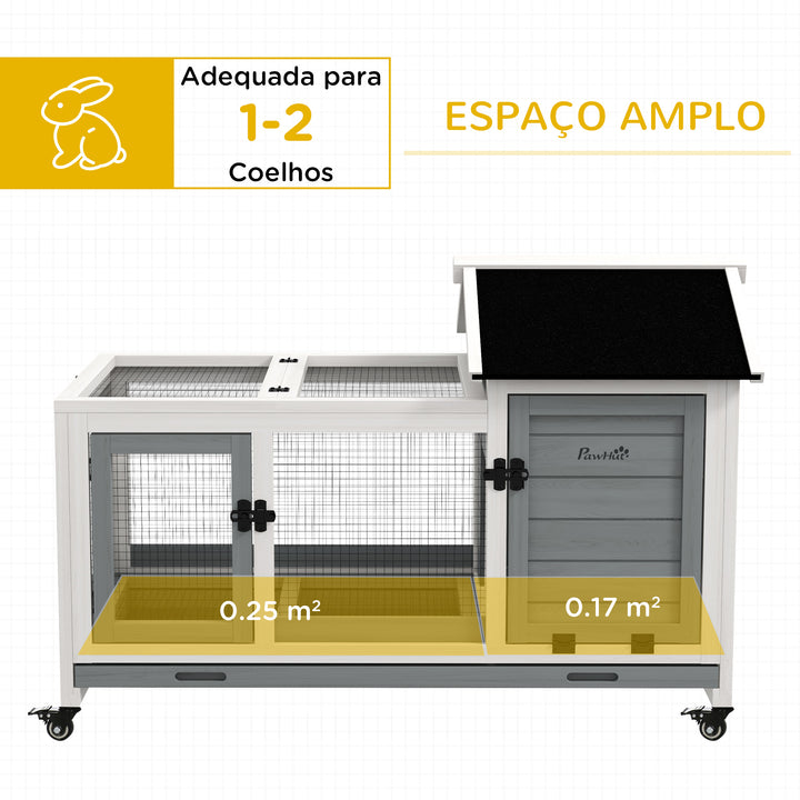 Coelheira de Madeira com Rodas 108x58x73,5cm Gaiola para 1-2 Coelhos com Teto Abatível Cerca Metálica Bandeja Amovível Portas com Trava e Rampa Marrom Cinza e Branco