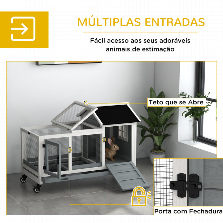 Coelheira de Madeira com Rodas 108x58x73,5cm Gaiola para 1-2 Coelhos com Teto Abatível Cerca Metálica Bandeja Amovível Portas com Trava e Rampa Marrom Cinza e Branco