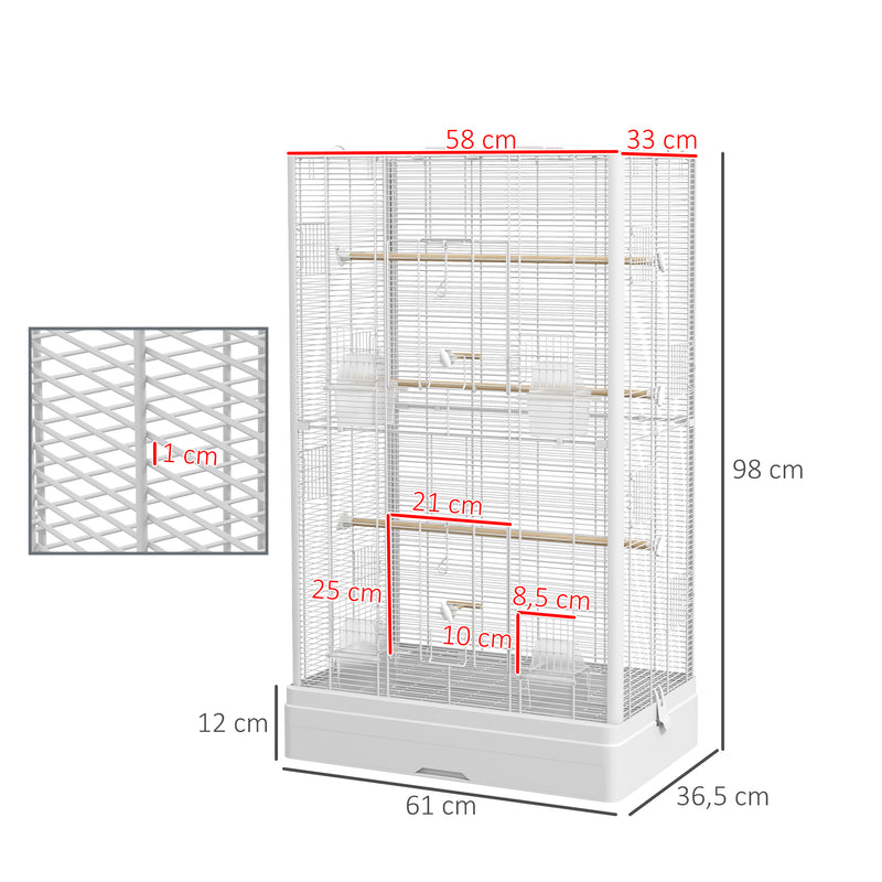 Gaiola para Pássaros 61x36,5x98 cm Gaiola para Aves com Portas Poleiros Bandeja Removível Caixas de Comida e Alças para Canários Periquitos Branco