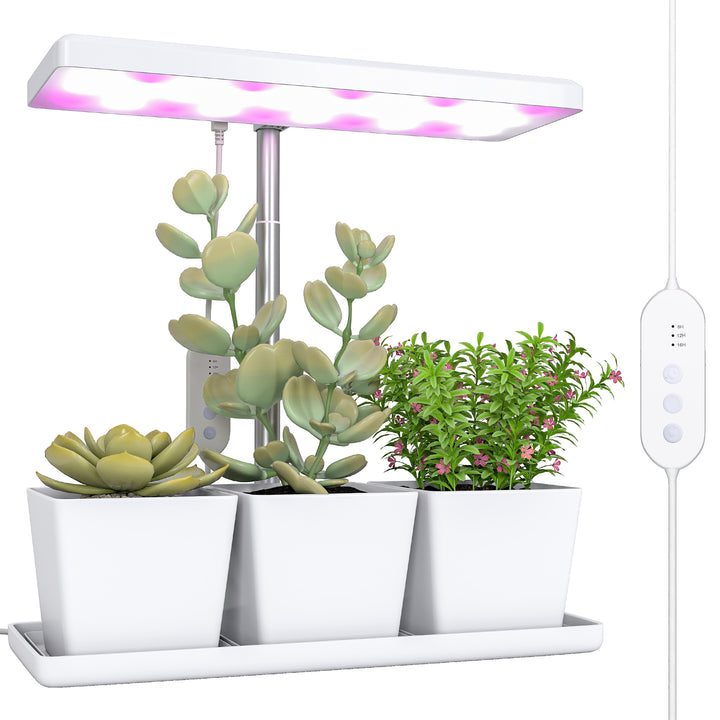Luz de Crescimento com 30 LED de Espectro Completo Ajustável em Altura com Temporizador Automático 8/12/16/24H 5 Níveis de Brilho e 3 Vasos para Estufa Jardim 31,8x13,4x18,6-35,6 cm Branco
