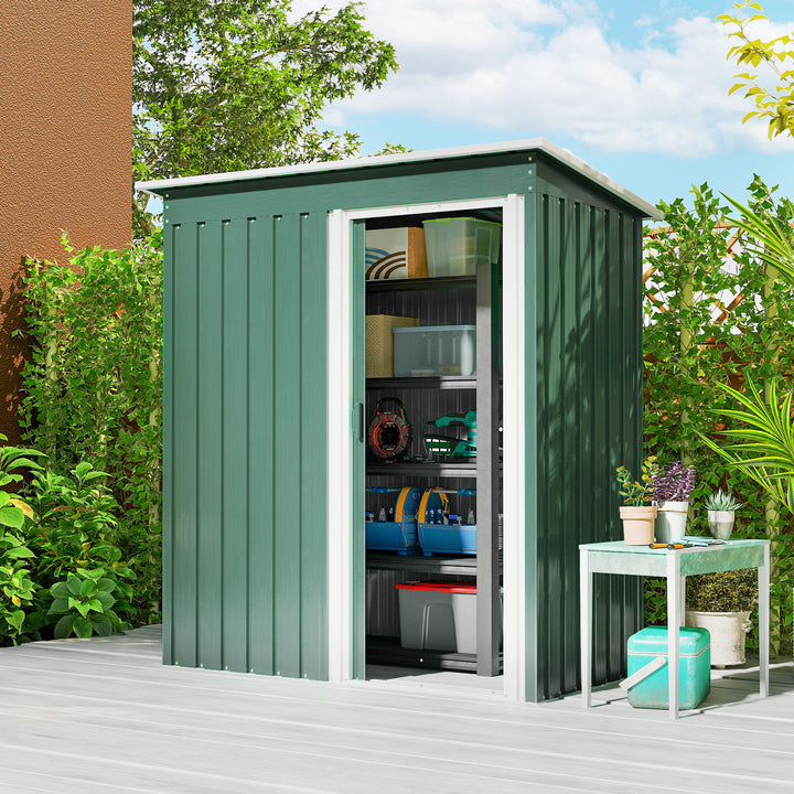 Abrigo de Jardim Exterior 1,5 m² 163x89x182 cm Abrigo Metálico para Ferramentas com Porta de Correr e Teto Inclinado para Pátio Verde