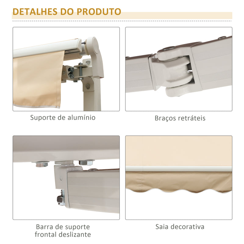 Toldo Manual Retrátil com Manivela 295x245cm Toldo Enrolável Alumínio com Proteção Solar para Janela Portas Balcão Terraço Exterior Bege