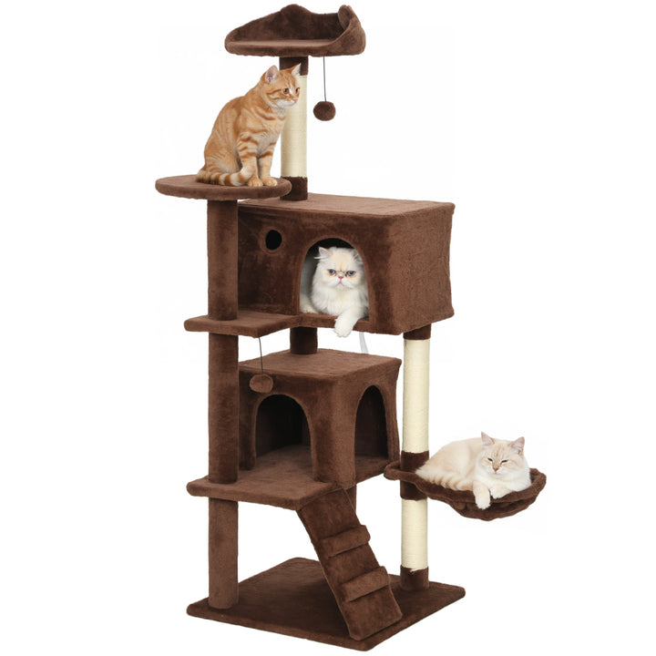 Arranhador para Gatos 140 cm Torre de Escalada com Múltiplas Plataformas Cama 2 Cavernas Rede Escada Postes de Sisal Bolas para Brincar Marrom