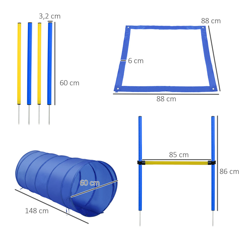 Conjunto de Treino de Agilidade para Cães Obstáculos de Salto para Cães com Altura Ajustável Túnel e Bolsa de Transporte Azul e Amarelo