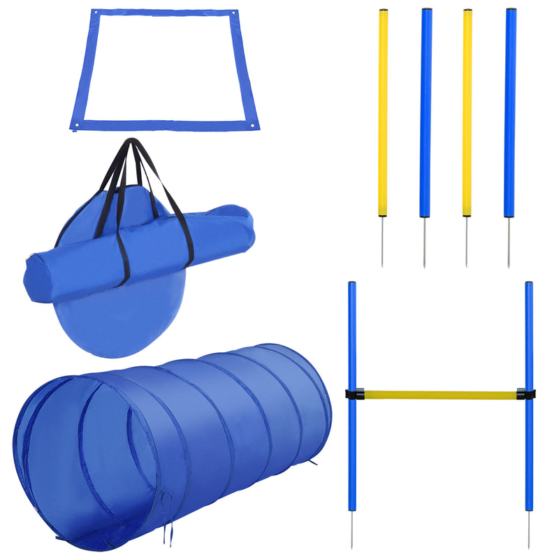 Conjunto de Treino de Agilidade para Cães Obstáculos de Salto para Cães com Altura Ajustável Túnel e Bolsa de Transporte Azul e Amarelo