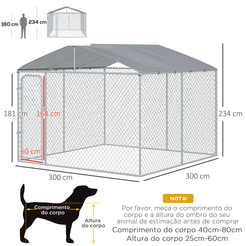 Canil de Exterior com Toldo Gaiola para Animais de Estimação com 1 Porta e Estrutura de Aço para Jardim Pátio 300x300x234 cm Prata