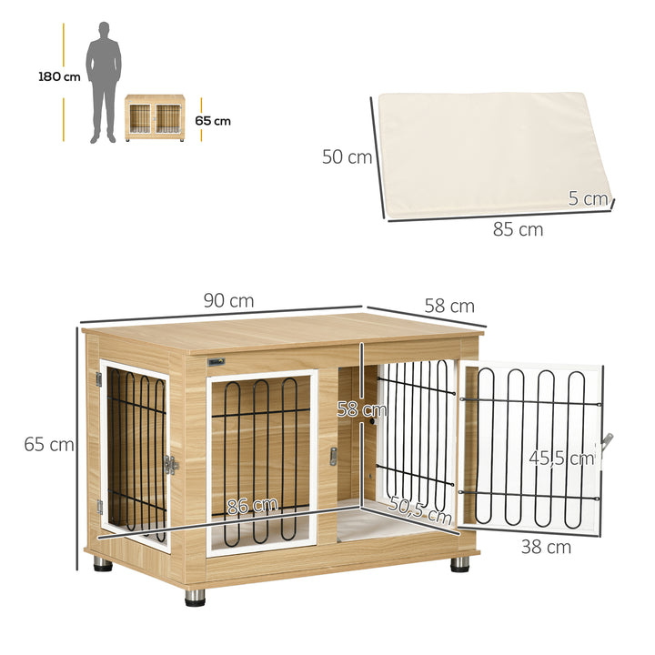 Gaiola para Cães com Mesa Auxiliar e Almofada Lavável Gaiola para Animais com Estrutura de Aço para Cães Médios e Grandes 90x58x65 cm Carvalho