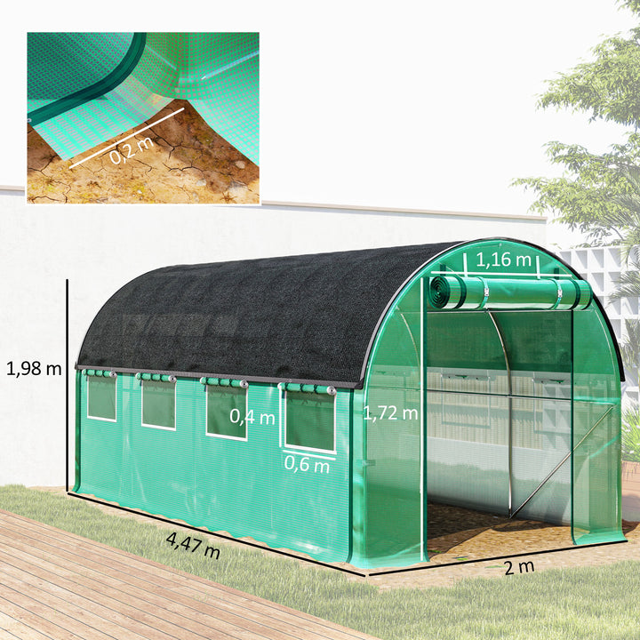 Estufa Tipo Túnel 447x200x198 cm Estufa de Exterior com Paredes Laterais Enroláveis Cobertura Extra 8 Janelas de Malha e 2 Portas Enroláveis Estufa de Jardim Pátio Verde