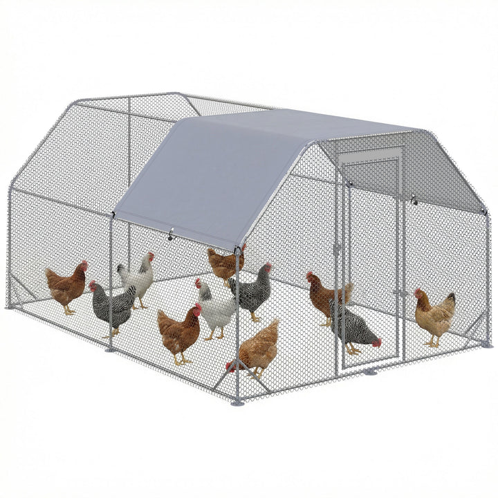 Galinheiro Grande para Exterior, 2,8x3,8x1,95 m, Estrutura de Aço Galvanizado com 2 Compartimentos, Cobertura em Tecido Oxford Resistente aos Raios UV e Impermeável, Jaula para 10-12 Galinhas ou Coelhos, Prata