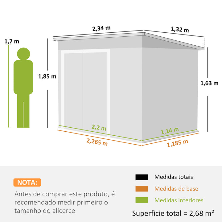 Abrigo de Jardim 2,7 m² 234x132x185 cm Abrigo de Exterior Metálico com Três Portas Fechadura Telhado Inclinado e Ventilação para Armazenamento de Ferramentas Verde