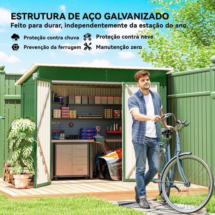 Abrigo de Jardim 2,7 m² 234x132x185 cm Abrigo de Exterior Metálico com Três Portas Fechadura Telhado Inclinado e Ventilação para Armazenamento de Ferramentas Verde