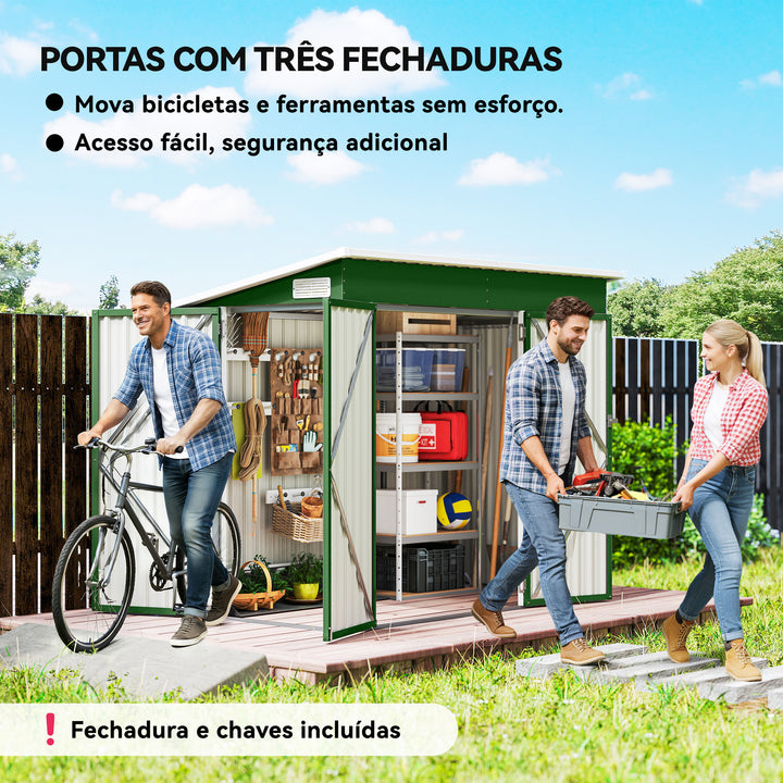 Abrigo de Jardim 2,7 m² 234x132x185 cm Abrigo de Exterior Metálico com Três Portas Fechadura Telhado Inclinado e Ventilação para Armazenamento de Ferramentas Verde