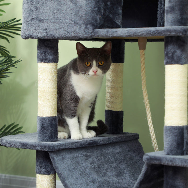 Arranhador para Gatos Grande Arranhador para Gatos Torre para Gatos com Plataformas Caverna Bolas Suspensa e Rede 60x50x206 cm Cinza Escuro