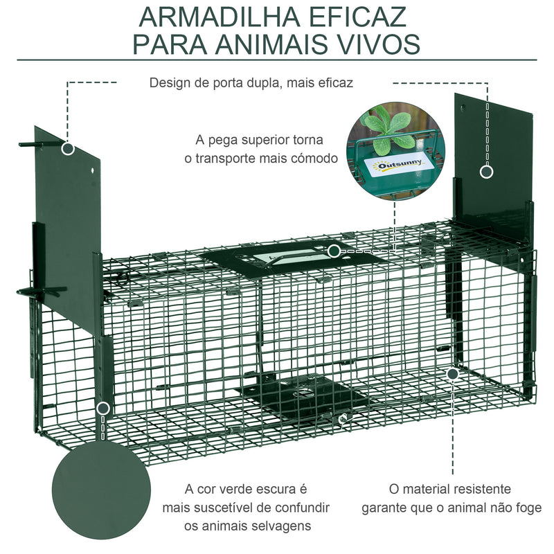 Armadilha para Animais Vivos 60x18x20 cm com Porta Gaiola de Captura com Alça de Transporte para Coelhos Raposas Pequenas Verde Escuro