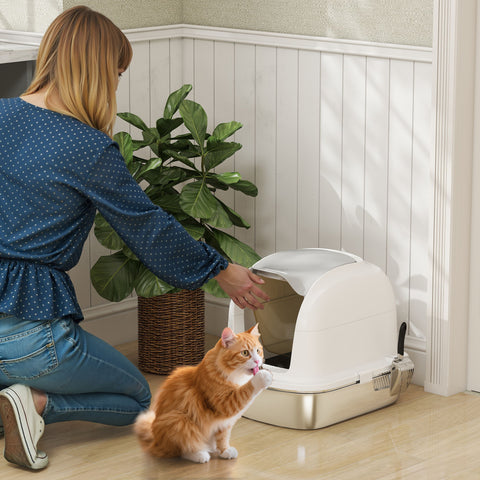 Caixa de Areia para Gatos em Aço Inoxidável XL Caixa de Areia para Gatos Grandes com Tampa Abatível Laterais Alta Entrada Superior Pá sem Odores Fácil de Limpar Antifugas 52,4x41,3x42 cm Branco