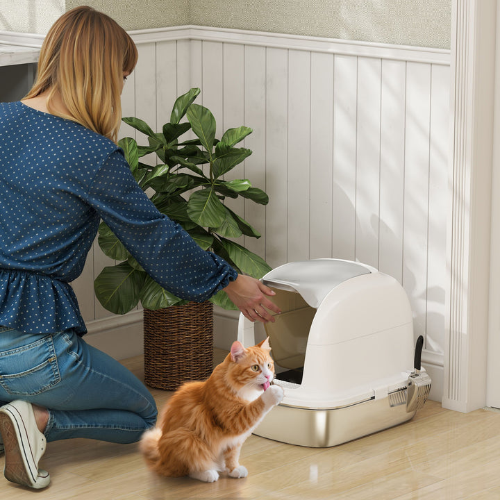 Caixa de Areia para Gatos em Aço Inoxidável XL Caixa de Areia para Gatos Grandes com Tampa Abatível Laterais Alta Entrada Superior Pá sem Odores Fácil de Limpar Antifugas 52,4x41,3x42 cm Branco