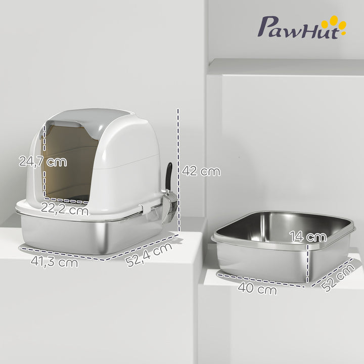 Caixa de Areia para Gatos em Aço Inoxidável XL Caixa de Areia para Gatos Grandes com Tampa Abatível Laterais Alta Entrada Superior Pá sem Odores Fácil de Limpar Antifugas 52,4x41,3x42 cm Branco