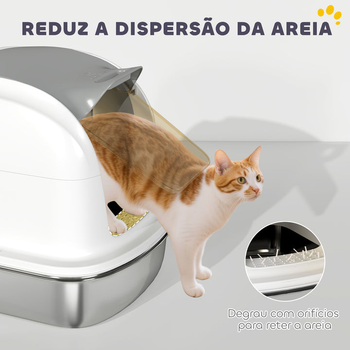 Caixa de Areia para Gatos em Aço Inoxidável XL Caixa de Areia para Gatos Grandes com Tampa Abatível Laterais Alta Entrada Superior Pá sem Odores Fácil de Limpar Antifugas 52,4x41,3x42 cm Branco