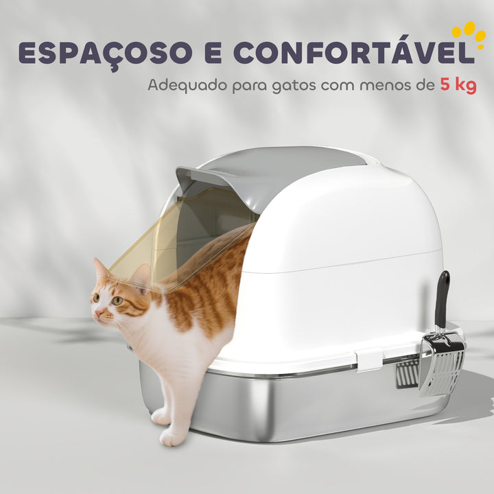 Caixa de Areia para Gatos em Aço Inoxidável XL Caixa de Areia para Gatos Grandes com Tampa Abatível Laterais Alta Entrada Superior Pá sem Odores Fácil de Limpar Antifugas 52,4x41,3x42 cm Branco