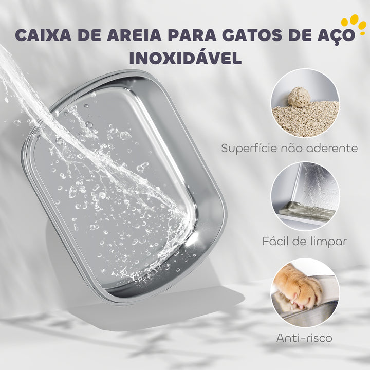 Caixa de Areia para Gatos em Aço Inoxidável XL Caixa de Areia para Gatos Grandes com Tampa Abatível Laterais Alta Entrada Superior Pá sem Odores Fácil de Limpar Antifugas 52,4x41,3x42 cm Branco