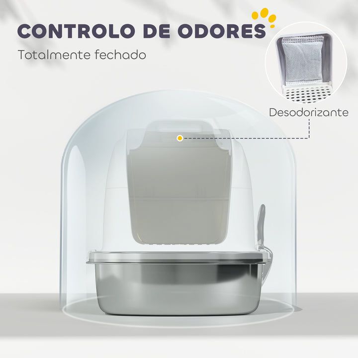 Caixa de Areia para Gatos em Aço Inoxidável XL Caixa de Areia para Gatos Grandes com Tampa Abatível Laterais Alta Entrada Superior Pá sem Odores Fácil de Limpar Antifugas 52,4x41,3x42 cm Branco