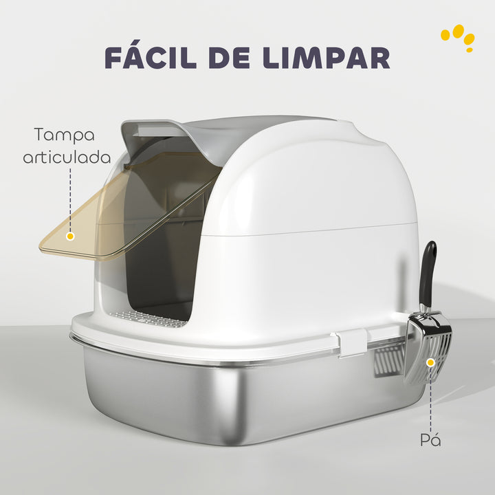 Caixa de Areia para Gatos em Aço Inoxidável XL Caixa de Areia para Gatos Grandes com Tampa Abatível Laterais Alta Entrada Superior Pá sem Odores Fácil de Limpar Antifugas 52,4x41,3x42 cm Branco