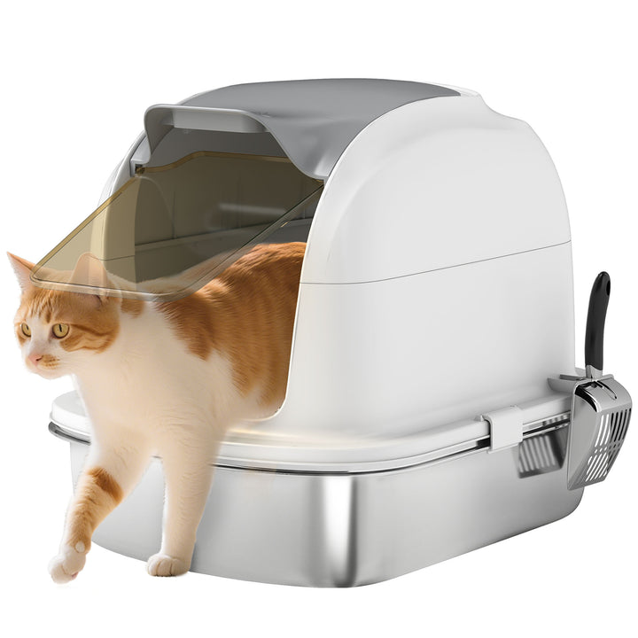 Caixa de Areia para Gatos em Aço Inoxidável XL Caixa de Areia para Gatos Grandes com Tampa Abatível Laterais Alta Entrada Superior Pá sem Odores Fácil de Limpar Antifugas 52,4x41,3x42 cm Branco