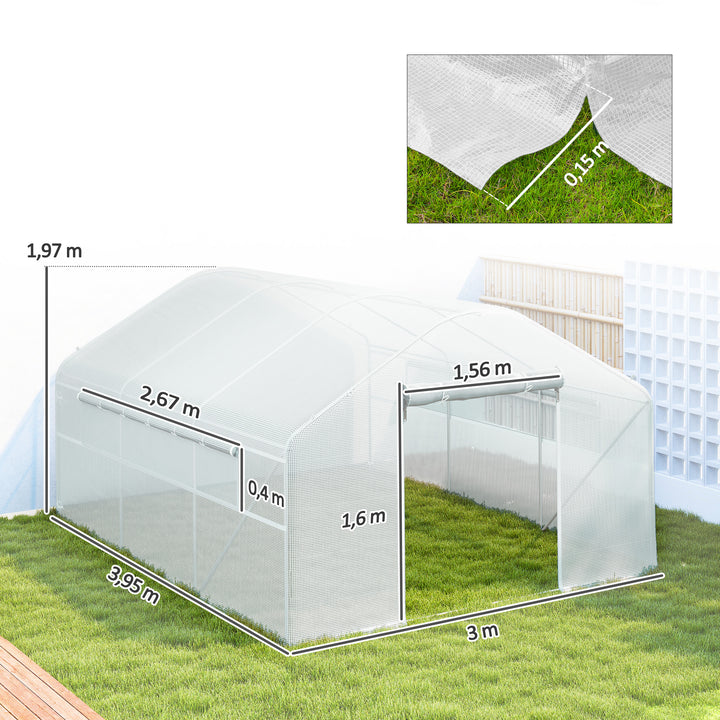 Estufa tipo Túnel 4x3x2 m Estufa de Exterior com 2 Janelas Cobertura PE Anti UV e 1 Porta de Enrolar com Fecho de Correr Estufa para Jardim Pátio Branco