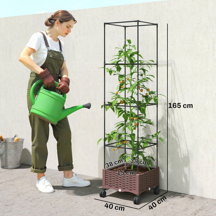 Floreira com Treliça Ajustável Floreira Exterior com Rodas Bloqueáveis para Plantas Trepadeiras com Orifícios de Drenagem Floreira Elevada para Jardim Pátio Terraço 40x40x165 cm Castanho