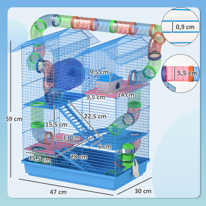 Gaiola de hamster multinível com plataformas domésticas 47x30x59 cm Azul