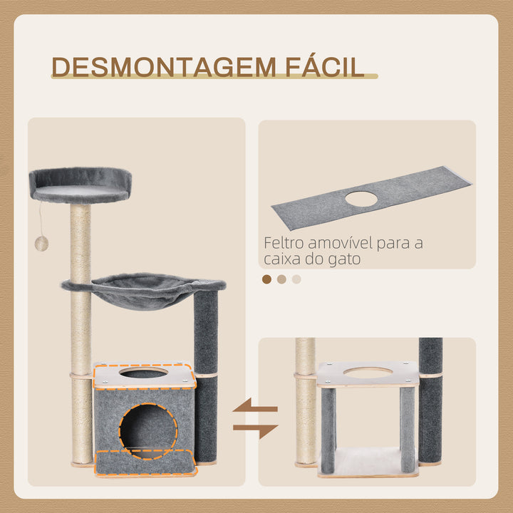 Árvore Arranhador para Gatos Árvore para Escalar Brincar e Descansar com Rede Plataformas Caverna Bola Suspensa e Poste de Sisal para Aranhar 48x34x95cm Cinza
