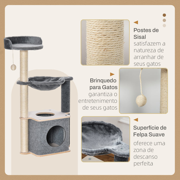 Árvore Arranhador para Gatos Árvore para Escalar Brincar e Descansar com Rede Plataformas Caverna Bola Suspensa e Poste de Sisal para Aranhar 48x34x95cm Cinza