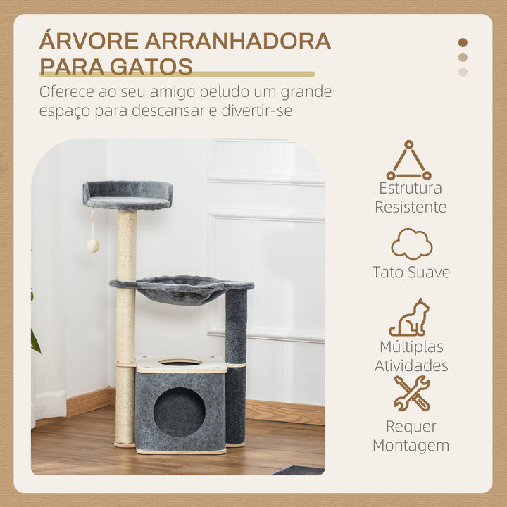 Árvore Arranhador para Gatos Árvore para Escalar Brincar e Descansar com Rede Plataformas Caverna Bola Suspensa e Poste de Sisal para Aranhar 48x34x95cm Cinza