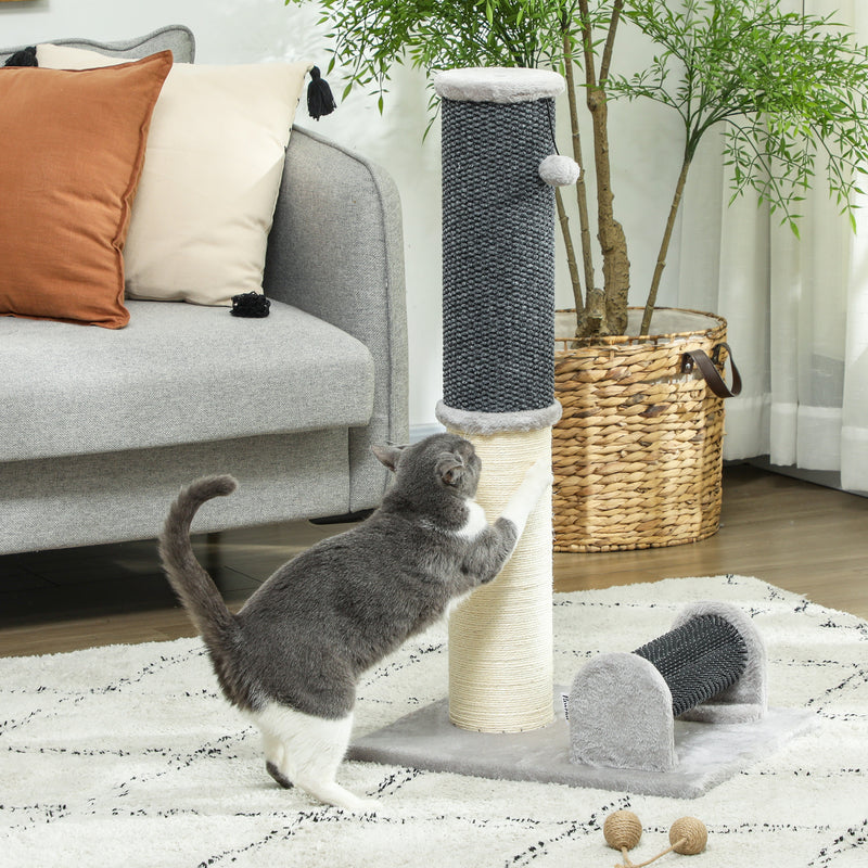 Arranhador para Gatos 85 cm Arranhador para Gatos com Poste de Sisal Escova de Auto Higiene e Bola Suspensa Cinza e Creme