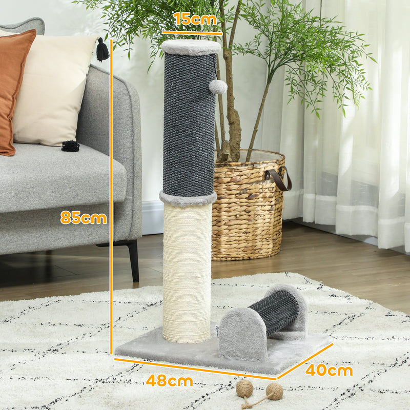 Arranhador para Gatos 85 cm Arranhador para Gatos com Poste de Sisal Escova de Auto Higiene e Bola Suspensa Cinza e Creme