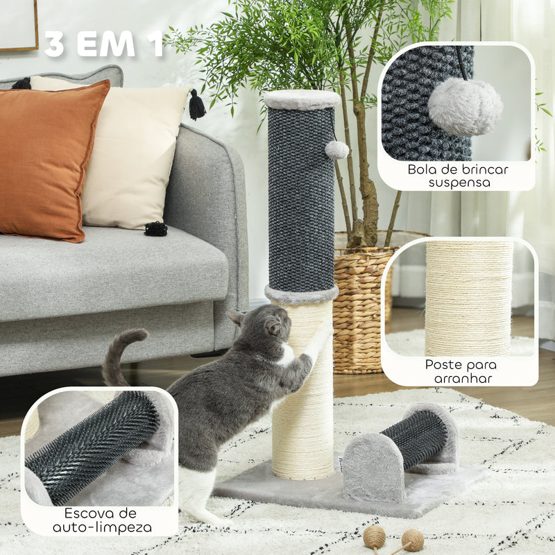 Arranhador para Gatos 85 cm Arranhador para Gatos com Poste de Sisal Escova de Auto Higiene e Bola Suspensa Cinza e Creme