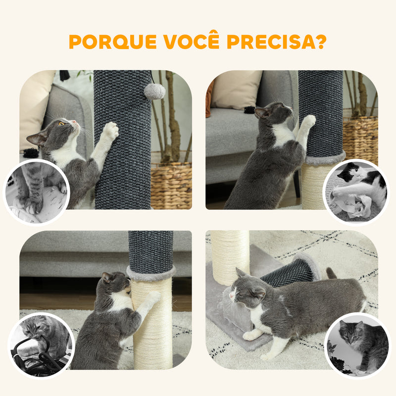 Arranhador para Gatos 85 cm Arranhador para Gatos com Poste de Sisal Escova de Auto Higiene e Bola Suspensa Cinza e Creme