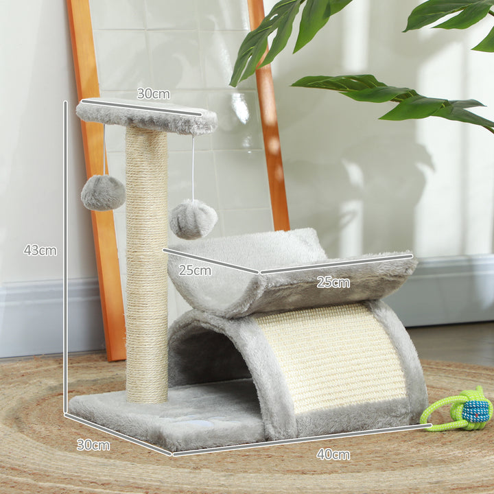 Árvore Arranhador para Gatos Pequena 43 cm Torre para Gatos com Poste Giratório Bolas Suspensas Plataforma Curva e Esconderijo 40x30x43 cm Cinza