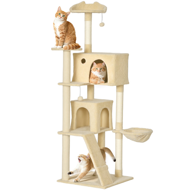Arranhador para Gatos 180 cm Torre de Escalada com Múltiplas Plataformas Cama 2 Cavernas Rede Escada Postes de Sisal Bolas para Brincar Bege