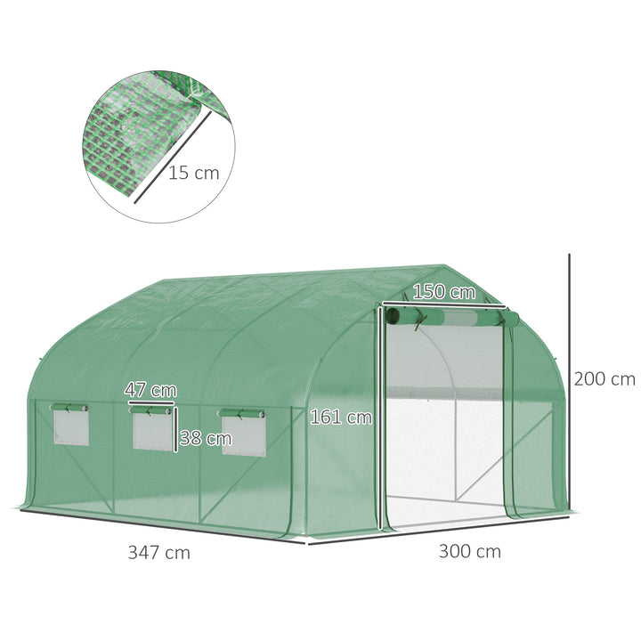 Estufa Tipo Túnel 347x300x200 cm Estufa de Jardim com Porta Enrolável 6 Janelas Cobertura PE 140g/m² Estrutura de Aço Galvanizado para Cultivos Plantas Flores Verde