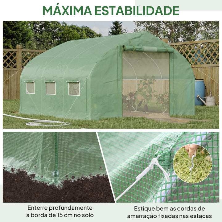 Estufa Tipo Túnel 347x300x200 cm Estufa de Jardim com Porta Enrolável 6 Janelas Cobertura PE 140g/m² Estrutura de Aço Galvanizado para Cultivos Plantas Flores Verde
