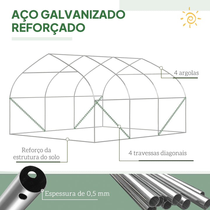 Estufa Tipo Túnel 347x300x200 cm Estufa de Jardim com Porta Enrolável 6 Janelas Cobertura PE 140g/m² Estrutura de Aço Galvanizado para Cultivos Plantas Flores Verde